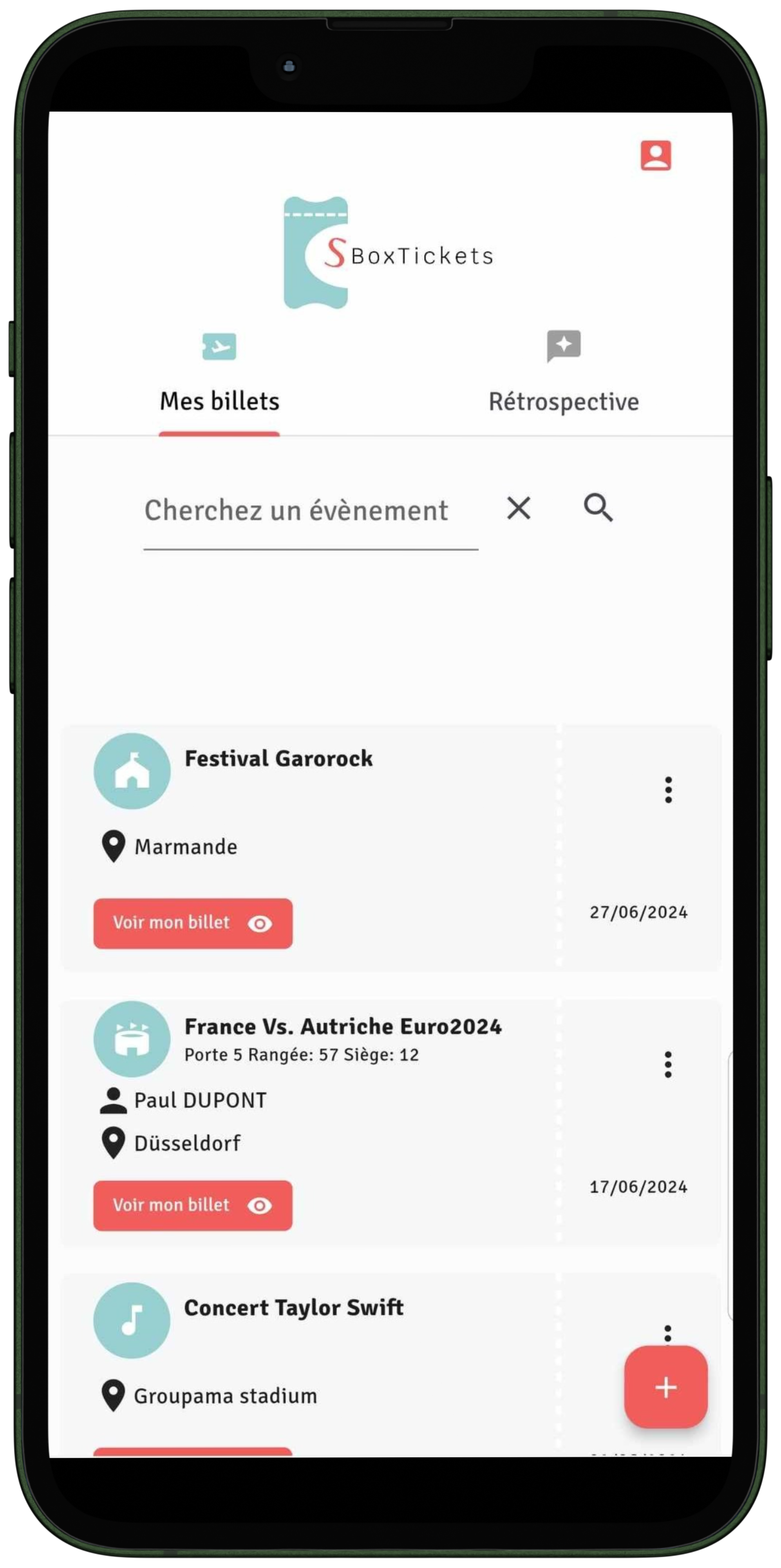 Écran de la liste des évènements de l'application